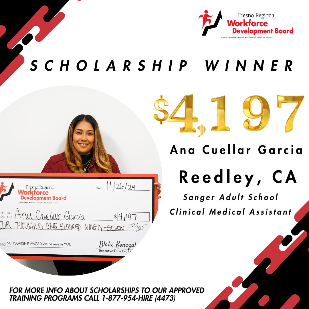 WDB_Fresno's tweet photo. π Congratulations to Ana Cuellar Garcia from Reedley on receiving a $4,197 scholarship for Clinical Medical Assistant training at Sanger Adult School! π©Ίβ¨
Here's to a bright future in healthcare! π
#ScholarshipSuccess #HealthcareCareer #WorkforceConnection https://t.co/BcPAIMqTzJ