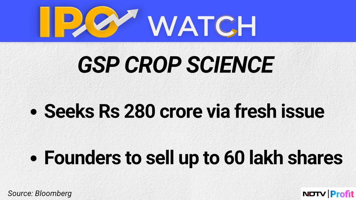 NDTVProfitIndia's tweet image. IPO Update | #GSPCropScience seeks Rs 280 crore via fresh issue.

For the latest news and updates, visit: ndtvprofit.com