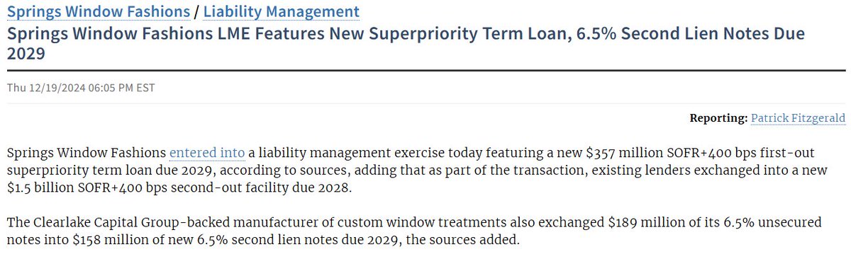 We at <a href="/OctusCredit/">Octus</a> reported on the non-public details of Springs Window Fashions’ recent LME. Octus first  reported that the company was in talks for $350 million in superpriority debt on Nov. 11.