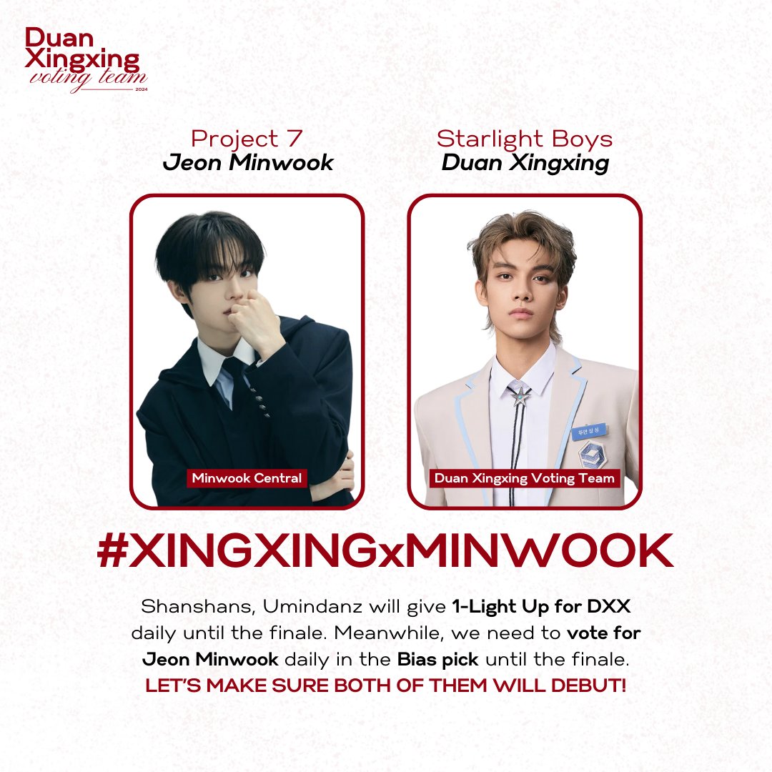 DUANXINGXING_VT's tweet photo. 📢 [COLLAB]

We are collaborating with @MWOOKCENTRAL to vote for Project7 Minwook! 

📍WEVERSE
📅 Voting Period: Now - 12.28 (8PM KST)
📣 Please post daily voting proofs with #XINGXINGxMINWOOK

Voting guidelines on replies 🌟

#DUANXINGXING #두안싱싱 #段星星 
#STARLIGHTBOYS https://t.co/q9yhy0n8WQ