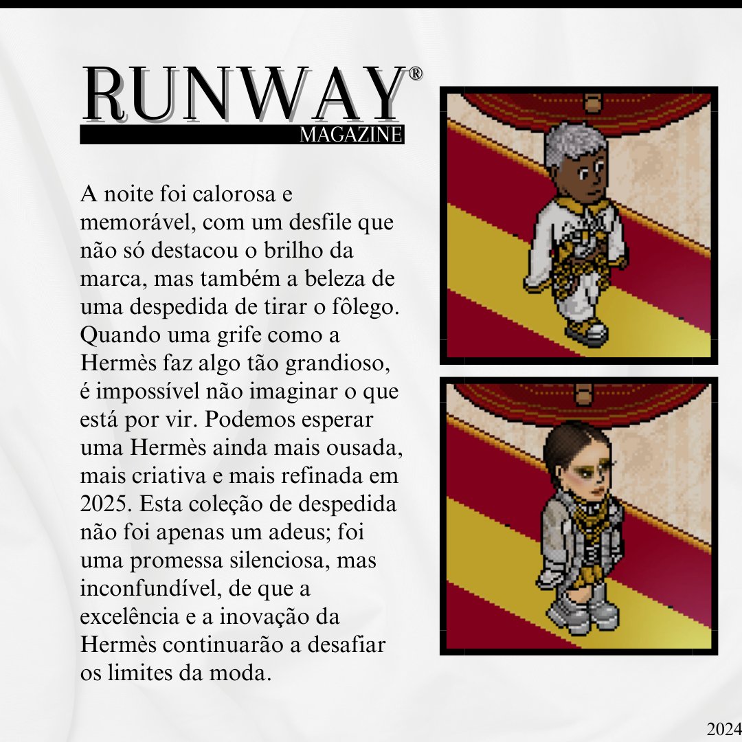 A @HabbHermes  encerra 2024 com uma coleção de despedida que é pura arte ✨. Luxo, sofisticação e maestria em cada detalhe, como sempre . 🎄 O futuro promete ainda mais brilho e inovação para 2025!

#Habblet
#Moda
#Fashion
#Estilo
#Tendências
#LookDoDia
#Fashionista