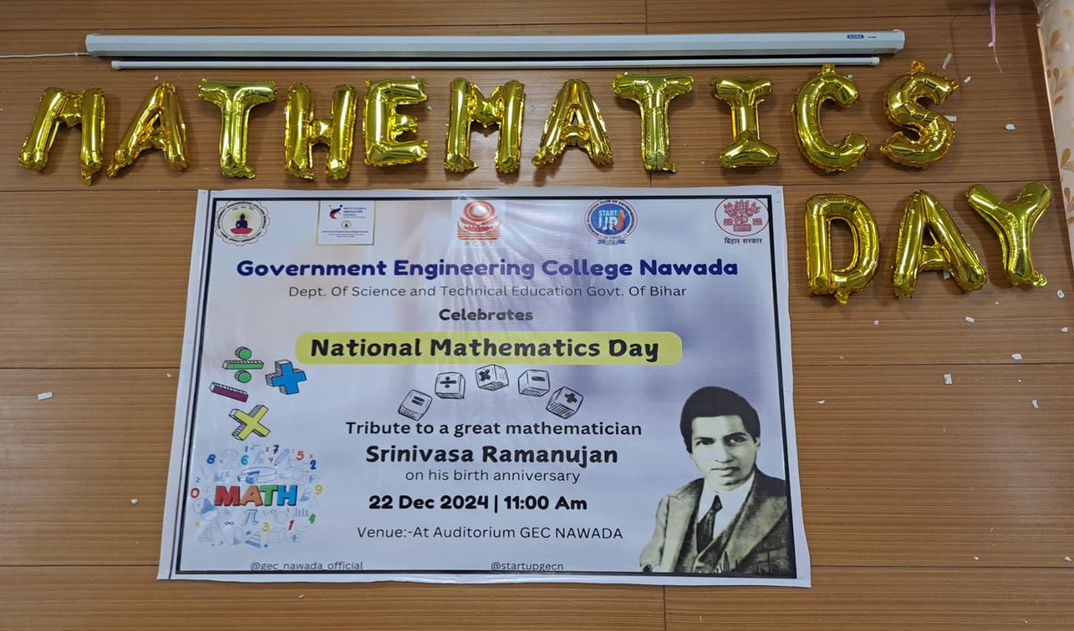 NawadaGec6989's tweet photo. Mathematics Day Celebration and prize distribution among the toppers of Srinivas Ramanujan Talent Search test in Mathematics at GEC Nawada.
#TalentofBihar
#BCST
@DSTTEBihar https://t.co/cNv3h0nyUK