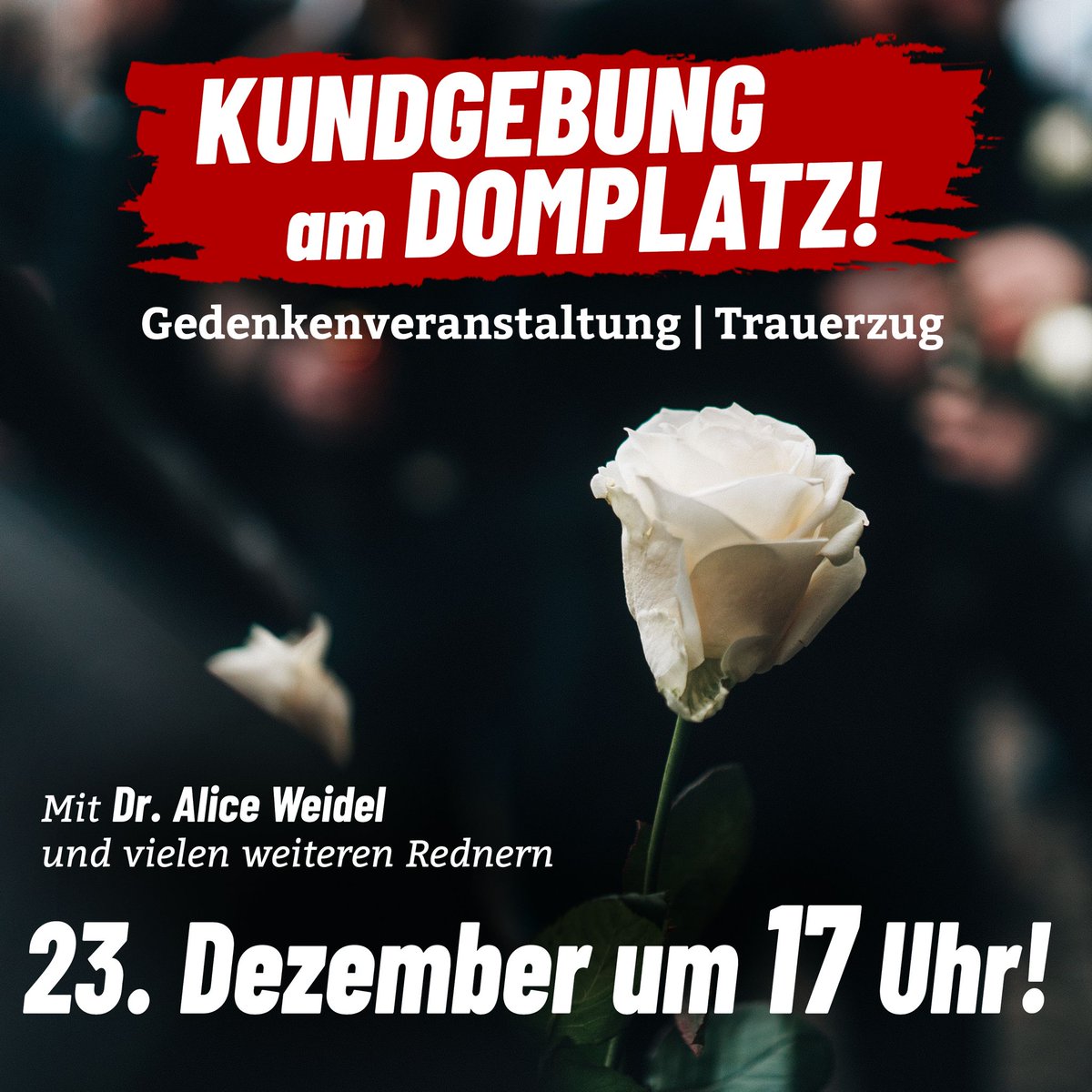 AfD_Magdeburg's tweet photo. Die #AfD Sachsen-Anhalt wird ein öffentliches #Gedenken der #Terroropfer von #Magdeburg mit Trauerzug abhalten. Mit dabei sein wird auch Bundessprecherin @Alice_Weidel. Beginn ist um 17 Uhr auf dem #Domplatz. Erweisen wir den Betroffenen unsere Anteilnahme!🕯️😞 https://t.co/mSBk9CSfQQ