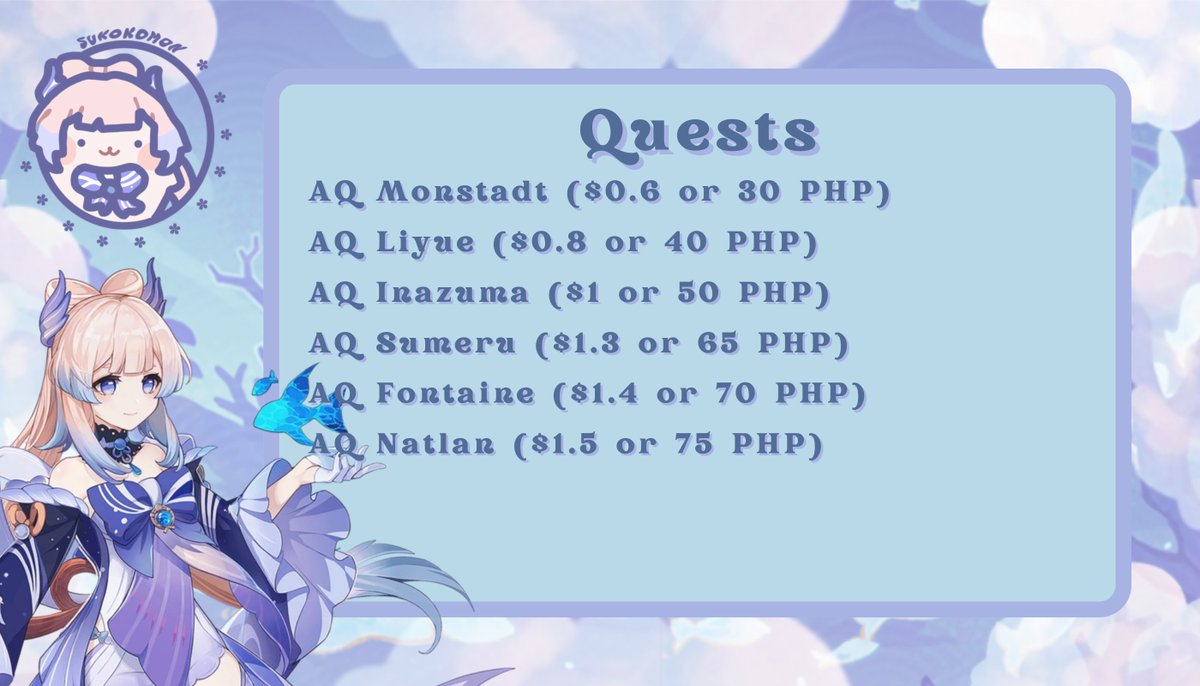 sukokomonps's tweet photo. Hi Travelers💫! This is Kokomi and I'm back with an updated price list for all of the services I could provide. Feel free to try it out! 🪼

🔖 #genshinpilot #genshintwt #genshin https://t.co/kS2YCExH1Z