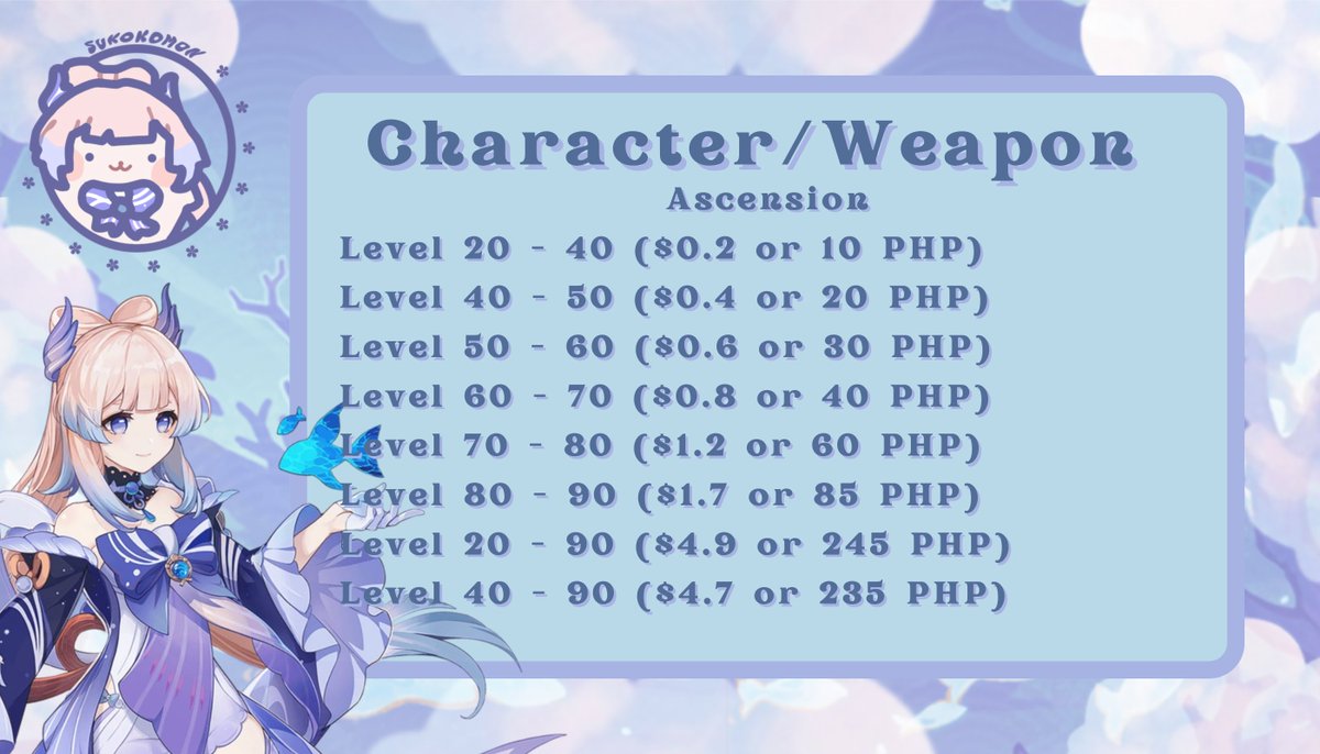 sukokomonps's tweet photo. Hi Travelers💫! This is Kokomi and I'm back with an updated price list for all of the services I could provide. Feel free to try it out! 🪼

🔖 #genshinpilot #genshintwt #genshin https://t.co/kS2YCExH1Z