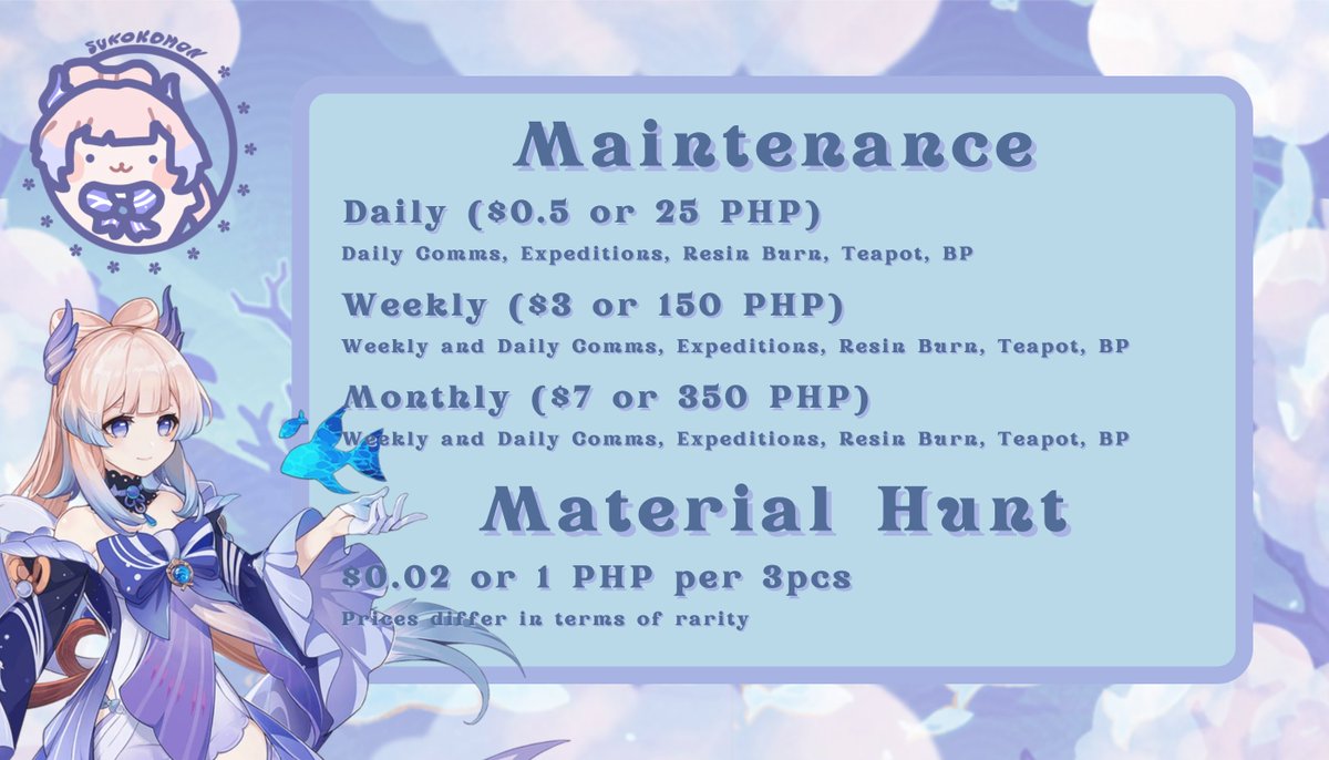 sukokomonps's tweet photo. Hi Travelers💫! This is Kokomi and I'm back with an updated price list for all of the services I could provide. Feel free to try it out! 🪼

🔖 #genshinpilot #genshintwt #genshin https://t.co/kS2YCExH1Z