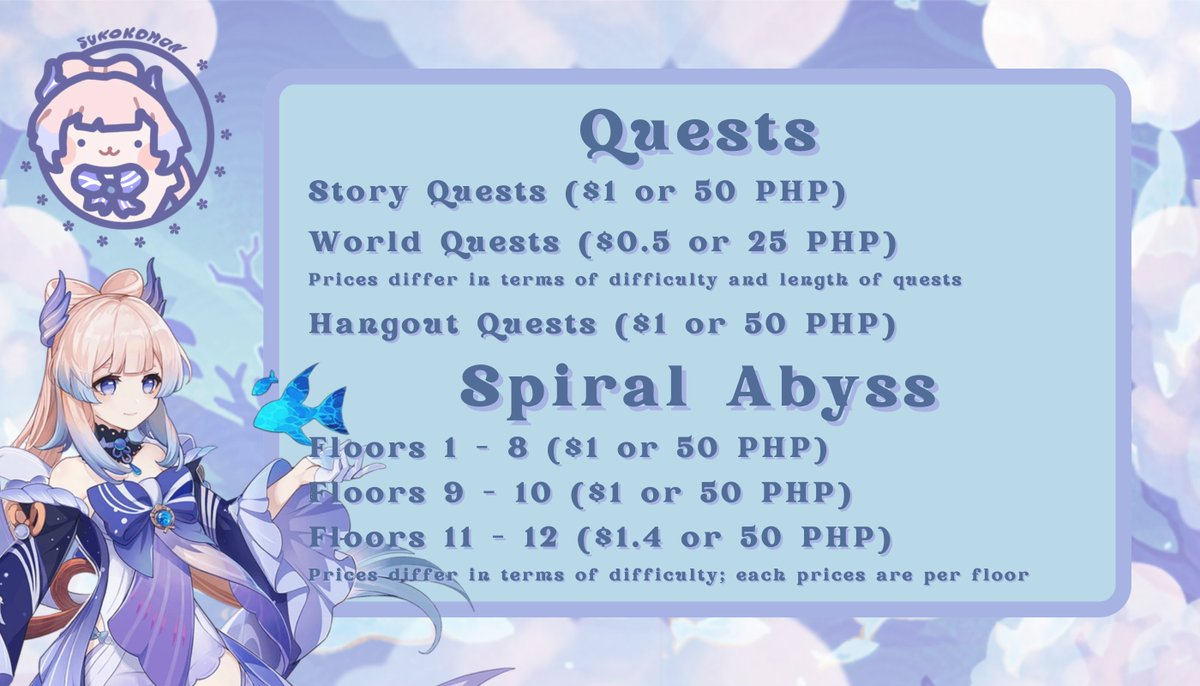sukokomonps's tweet photo. Hi Travelers💫! This is Kokomi and I'm back with an updated price list for all of the services I could provide. Feel free to try it out! 🪼

🔖 #genshinpilot #genshintwt #genshin https://t.co/kS2YCExH1Z