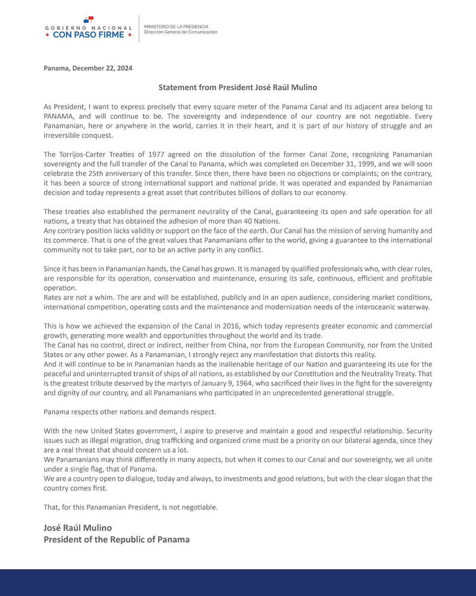 Mensaje del Presidente José Raúl Mulino
Statement from President Jose Raul Mulino