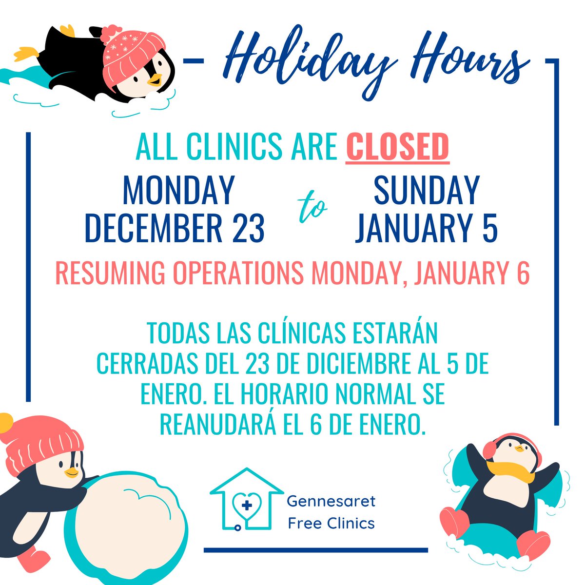 Happy Holidays from all of us at Gennesaret Free Clinics! ALL CLINICS will be closed from December 23 to January 5 to rest, recharge, and prepare for the year ahead. We look forward to serving you in 2025!