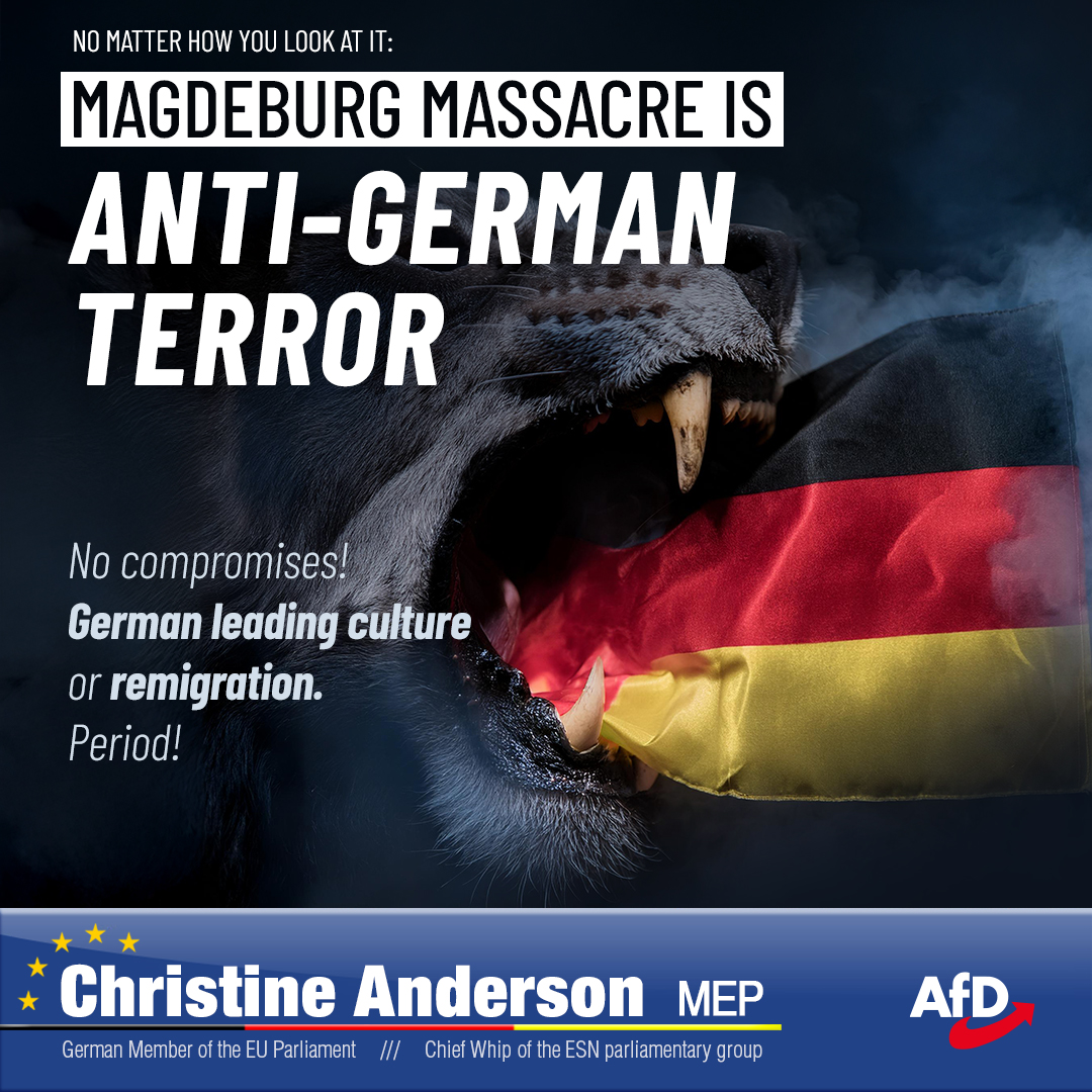 AndersonAfDMdEP's tweet photo. 🇨🇦🇺🇸🇬🇧🇦🇺| No matter how you look at it, the attack in #Magdeburg is an act of anti-German terrorism. The Saudi Arabian perpetrator - #Taleb_Al_Abdulmohsen - reveals a highly toxic cocktail of identity conflicts, mistrust and ideological fractures.
 
Nothing about the murderer, who most recently worked as an alleged psychiatric specialist, is credible. His colleagues called him “Dr. Google” due to his supposed incompetence. The self-proclaimed anti-Islamist described himself as a political leftist in an interview with the US platform “RAIR” just two weeks ago. According to media reports, those who have had longer dealings with #TalebA describe him as a man with “two lives” who quickly becomes aggressive. It is therefore not surprising that the death driver is already on record with the German authorities. Back in 2013, he was convicted of threatening to commit criminal offenses.
 
But how can it be that Taleb A. was nevertheless granted asylum in 2016? Saudi Arabia had apparently already warned Germany about the man and requested his extradition. Did the perpetrator perhaps deliberately build up his massive anti-Muslim activism in order to avoid extradition and present himself as a political fugitive? Or is he in fact a hard-line Islamist who used the principle of “taqiyya” (deception) to pursue his plans in silence?
 
Were Germany's tolerance-drunk rainbow elites all too eager to believe this story? Did they want to have at least one of the rare exemplary proofs of supposedly successful integration to counter their multi-cultural chaos, which has long since failed across the board? Were they blind? Or stupid? Or both?
 
 But the Magdeburg death ride certainly shows one thing: this is no longer just about religion. It is not about Islam, Christianity or any other faith. It is about the consequences of mass immigration of people who have no common cultural and historical roots with Europe and are importing their conflicts to us.

The insane violence, hatred, death and destruction that the alleged atheist and ex-Muslim Taleb A. brought upon the peaceful visitors to the Magdeburg Christmas market is absolutely no different from the barbaric brutality of Islamist murderers. Taleb A. is an anti-German terrorist. Which ideological uniform he wears is irrelevant. In both cases, the victims are German children, women and men. Dead, smashed or marked for life.
 
Nor is it a question of education or prosperity as an assessment criterion for migration. If supposedly well-integrated, educated, atheist doctors are now committing the same devastating acts of terrorism against innocent German citizens as sandal-wearing, religiously fanatical and uneducated Islamist zealots, we urgently need other, better criteria.
 
The new criterion can therefore only be identification. Anyone who does not identify 100% with Germany, the Christian-European culture and Western values of freedom will not come to us. Those who, like Taleb A., only pretend and still want to live out their domestic conflicts with us, will leave again. Anyone who commits a crime will lose his residence permit immediately. Even if he is allegedly being persecuted at home. We will stop importing the psychopaths of this world.
 
German #Leitkultur (leading culture) and identification are the new criteria, because Magdeburg proves that everything else does not work. At the same time, we need effective controls at the German borders and the construction of a consistent Fortress of Europe. Only if we finally regain our self-confidence and strength and resolutely enforce our positions will we have a chance.
 
Otherwise, Magdeburg will quickly repeat itself and Germany will soon sink completely into chaos.