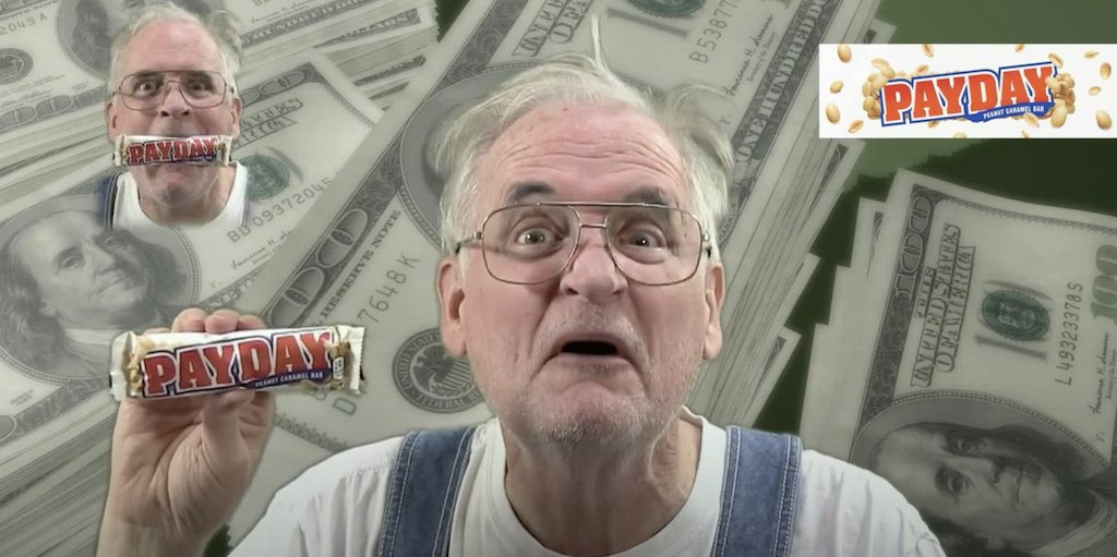 HenryOkie's tweet photo. Hey Yeah! This endorsement for #Payday candy bars was rejected by the suits in less than 14 seconds.
YouTube tasty 2⃣4⃣ https://t.co/wzJSrX3i2F
Rated A = awkward.
#okie #lastcallwhiskey #candy #spittle #peanuts https://t.co/MXs4n0WBrn