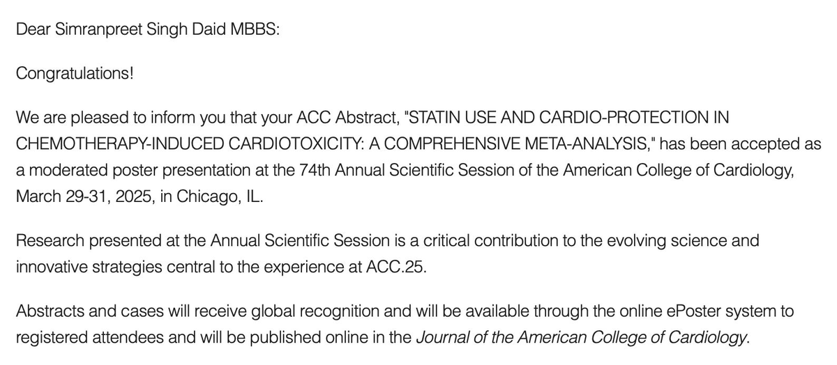 SimranDaid's tweet photo. Excited and humbled to share that our abstract has been accepted for a moderated presentation at ACC.25! Grateful for the opportunity to contribute to evidence-based medicine and for all the support along the way. Here's to many more milestones ahead!

#ACC25 https://t.co/QyJmelIAL1