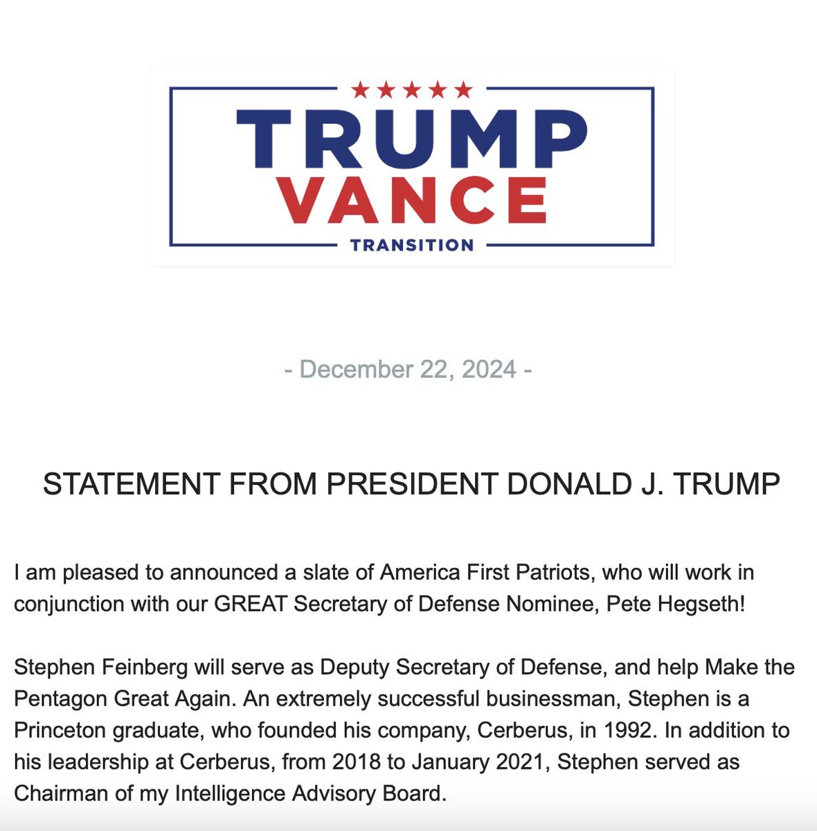 PeteHegseth's tweet photo. Thank you Mr. President! Building an America First team at @DeptofDefense that will Make America STRONG &amp; SAFE Again. https://t.co/MVJkW1F8VF