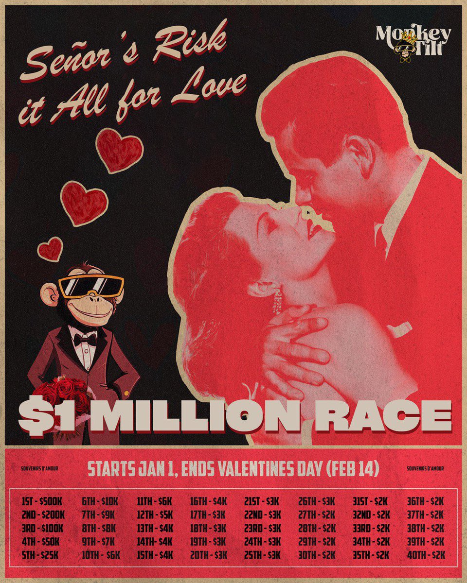We're giving back to those who play on our site daily to connect with the community we are building here at Monkeytilt.  To express our appreciation and love we're Introducing a $1m race from Jan 1 to Feb 14 called Senors Risk It All for Love, thanks to <a href="/senortilt/">Señor Tilt</a>