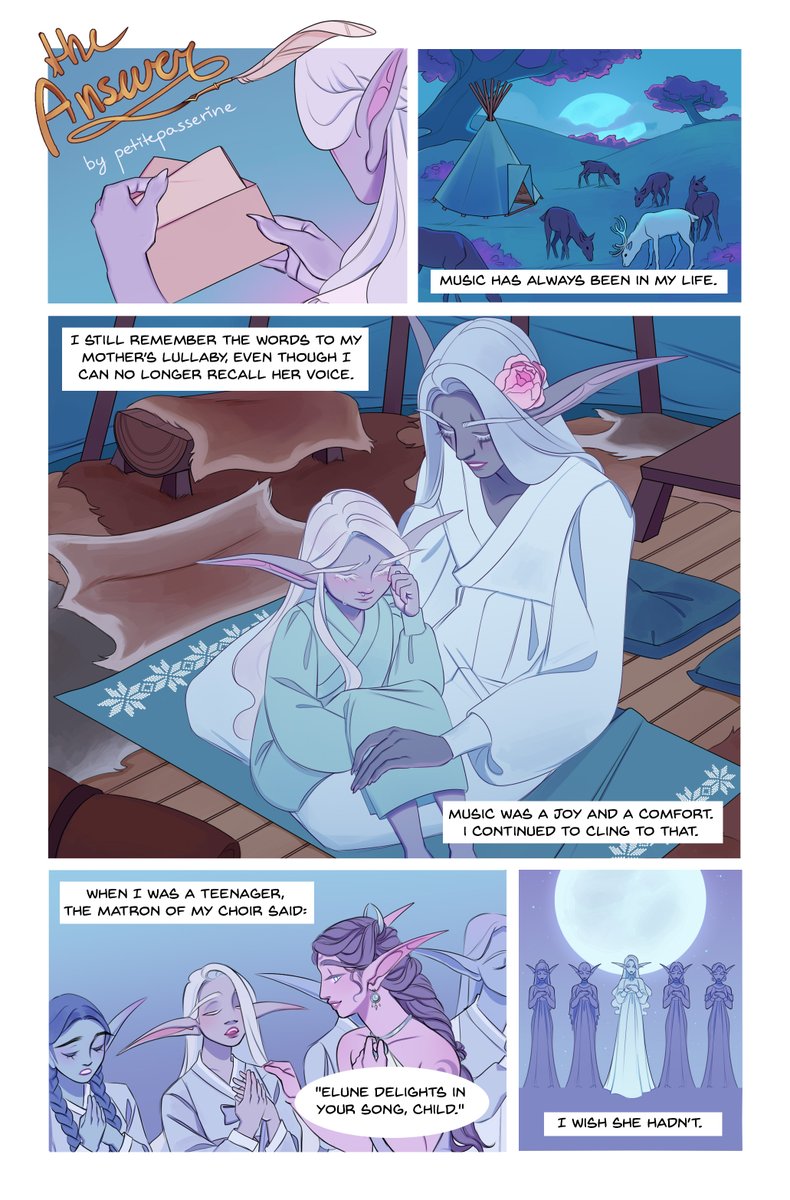 PetitePasserine's tweet photo. When a letter arrives in Winterspring, Melostra finds herself musing on the presence of music in her life.  

here it is in full, my comic for Interlude: Harmony! 🌙🎵 I'm so excited I got to be a part of this project!! 🥺 https://t.co/6YD42wwih9