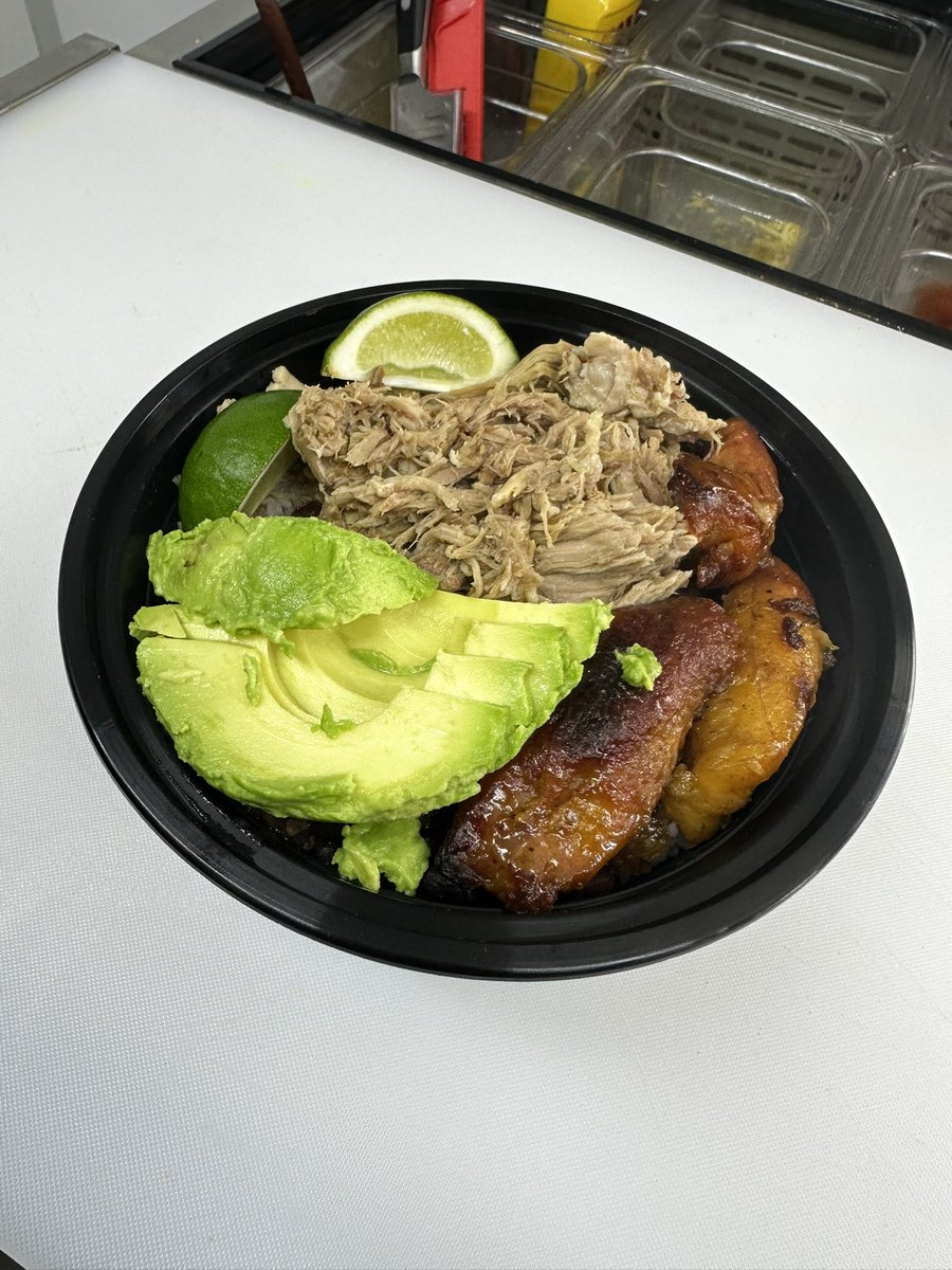 Cuban Bowl with Lechon Asado (Roasted Pork), White Rice, Black Beans, Maduros (Sweet Plantains), Avocado and some Lime wedges 🔥 #nashville