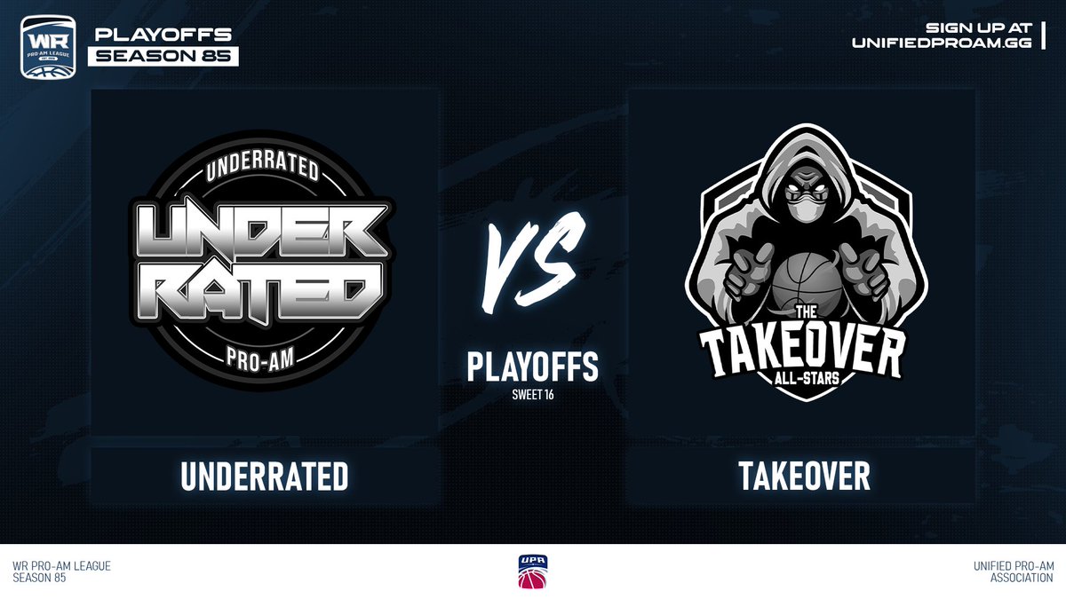 WR Pro-Am League (@wrproamleague) on Twitter photo 🚨WR PLAYOFFS MATCHUP Sweet 16🚨
<a href="/TTOAllstars/">The Takeover AllStars</a> 🆚 <a href="/UnderratedPROXM/">UNDERRATED PRO AM TEAM</a>
⏰: 10:10 ET
💻 : twitch.tv/mrnikecashh
Bracket - unifiedproam.leagueos.gg/league/stages/… 🚨WR PLAYOFFS MATCHUP Sweet 16🚨
<a href="/TTOAllstars/">The Takeover AllStars</a> 🆚 <a href="/UnderratedPROXM/">UNDERRATED PRO AM TEAM</a>
⏰: 10:10 ET
💻 : twitch.tv/mrnikecashh
Bracket - unifiedproam.leagueos.gg/league/stages/…
