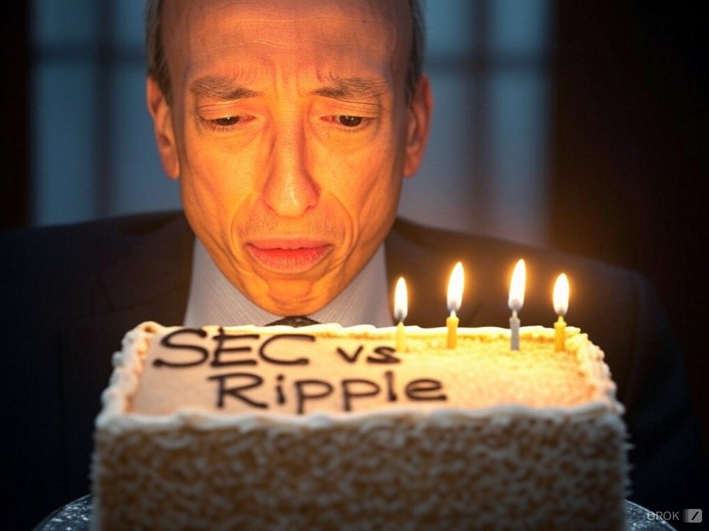 LinkWithMario's tweet image. Happy 4th Anniversary, SEC! 🎉 Here's to another year of trying to blow out the candles on the Ripple case – just like Gary here, struggling and crying through each one. 🎂😭 

#SECVsRipple #CakeGate