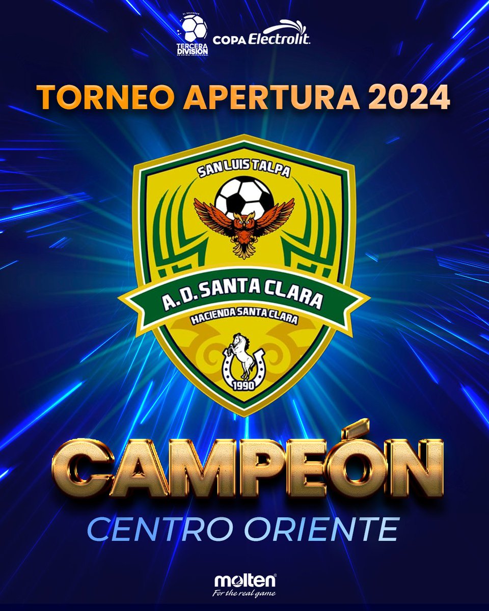 Felicitamos a A.D. Santa Clara por consagrarse como campeón del torneo #Apertura2024 en la zona centro oriente🏆

¡Felicidades a todos los aficionados en San Luis Talpa! 🎉🎊🍾