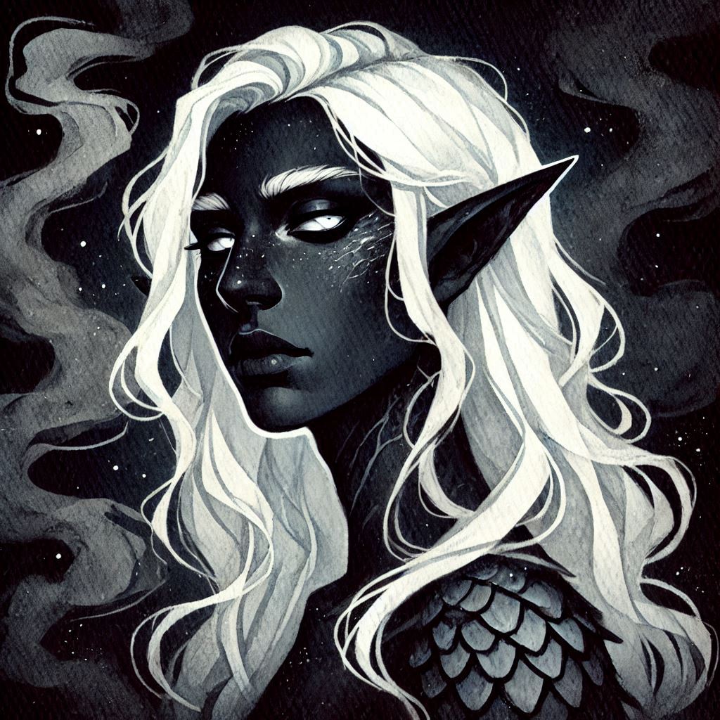 Part drow part shadow dragon, zekyl are detached and strong survivors in the Shadowfell. 
#drow #elf #Underdark #ai #aiart #dnd