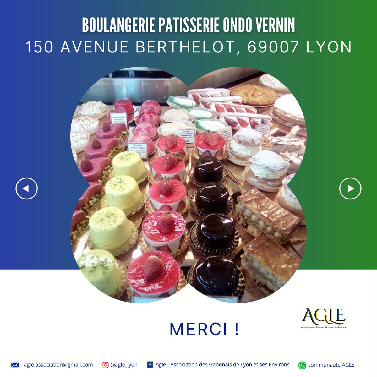 ASSOCIATIONAGLE's tweet photo. 🙏 Merci à la Boulangerie-Pâtisserie Ondo-Vernin 🙏

🇬🇦 L’AGLE, c’est le Gabon à Lyon ! 🇬🇦

Un immense merci à Minette Ondo ep Vernin et Marc Vernin , propriétaires de la boulangerie-pâtisserie Ondo-Vernin , située au 150 avenue BerthelotLyon 7e pour leur généreux don #follower https://t.co/nD5xIQkJ6g