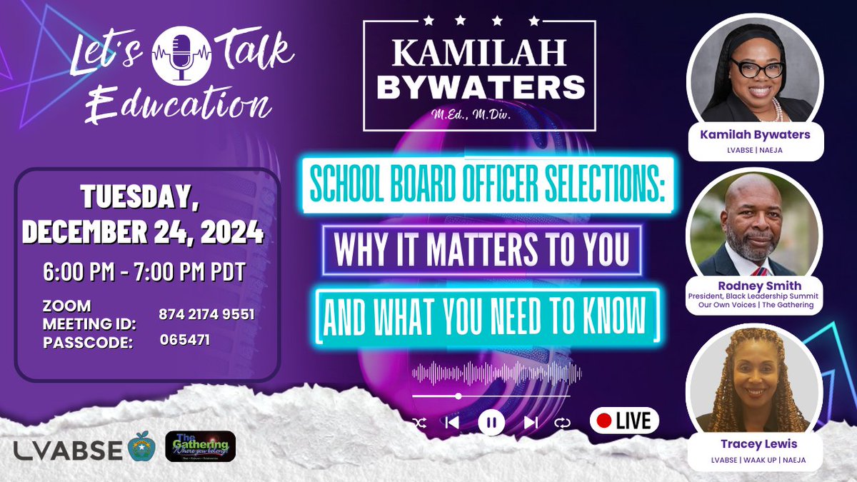 KamilahAkilah's tweet image. 🌟 Don’t Miss This! 🌟
Join our FB Live on Tuesday, December 24, 2024, for an insightful discussion on School Board Officer Selections: Why It Matters to You and What You Need to Know. 📚✨
#kamilahbywaters #LetsTalkEducation #summerlin