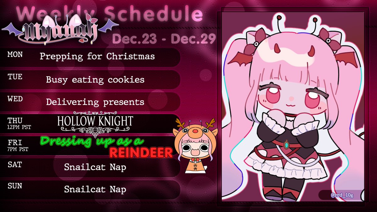 ── • ☾ Stream schedule 12/23 - 12/29 ☽ • ── (⃔*> ω <* )⃕

Last streams for this year~ I’ll be taking a small break to recharge afterwards. /ᐠ.  ̫  .マฅ

#Vtuber 🕇 #ENVtuber