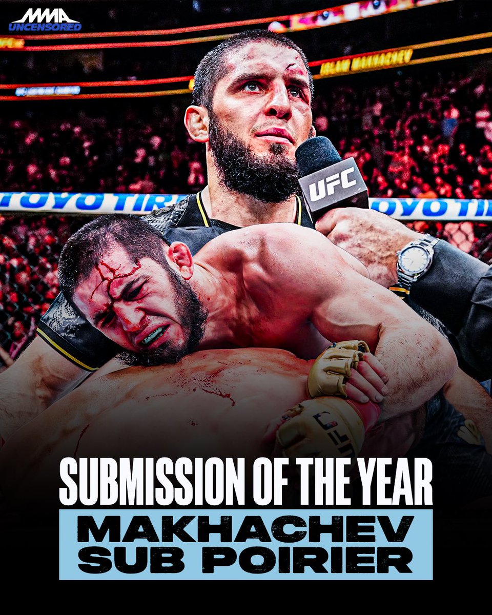 MMAUNCENSORED1's tweet photo. 🥇2024 Submission of the Year goes to Islam Makhachev.

Islam Makhachev leg swept Dustin Poirier in the fifth round and submitted him with a D’Arce choke and defended his #UFC lightweight title at UFC 302.

Agree with our Sub of the year? 

#UFC #MMA https://t.co/5YmHeLfD2P