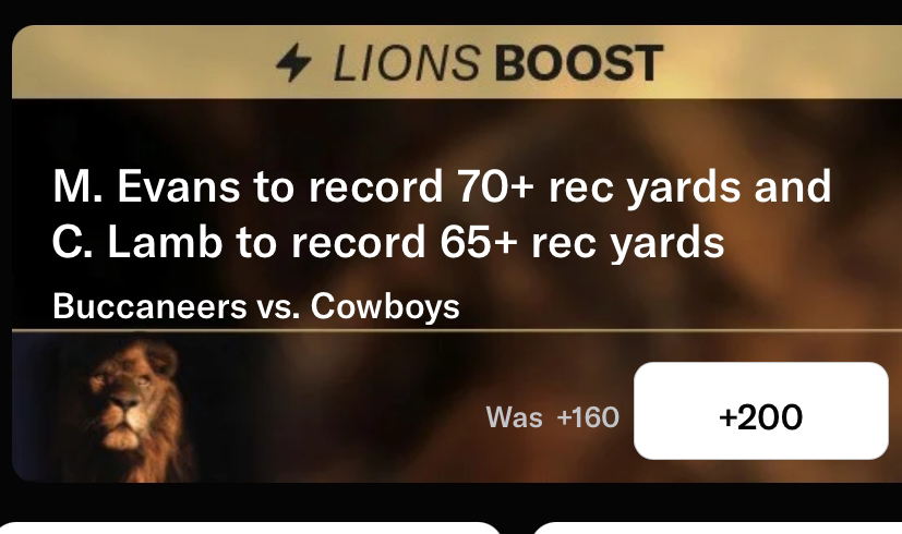 MSUKB_Bets's tweet photo. The MGM Lion's Boost for Mike Evans (TB) o69.5 Receiving Yards and CeeDee Lamb (DAL) o64.5 Receiving Yards at +200 is a strong play

+12% (FV = +170); up to 1.5u https://t.co/8D7pXQHnra