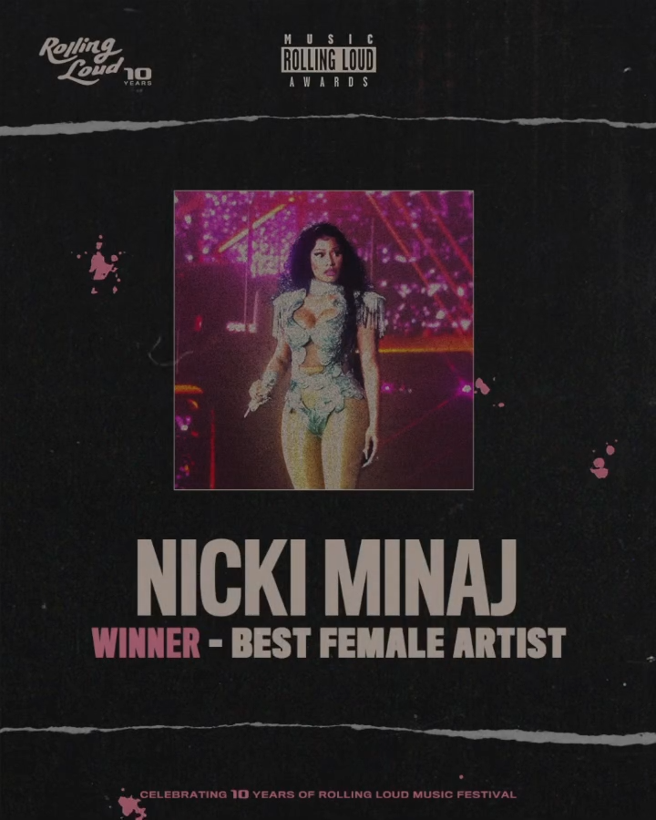 NMSupportt's tweet photo. .@NickiMinaj has won the award for ‘Best Female Artist’ at the first-ever Rolling Loud Music Awards. 🏆 https://t.co/ryhkLStdYs