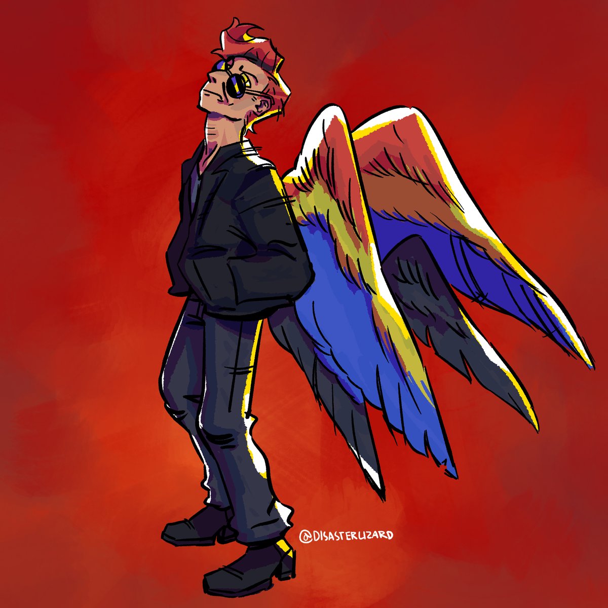 Crowley with parrot and raven wings #GoodOmens
