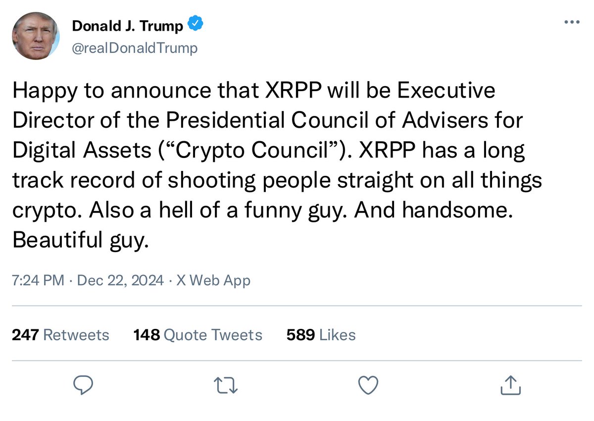 XRP_Productions's tweet photo. Thank you, Mr. President!  It will be an honor to serve. 🥹❤️🫡🇺🇸

#CryptoCouncil #XRPP https://t.co/eZ5OeKLmZb