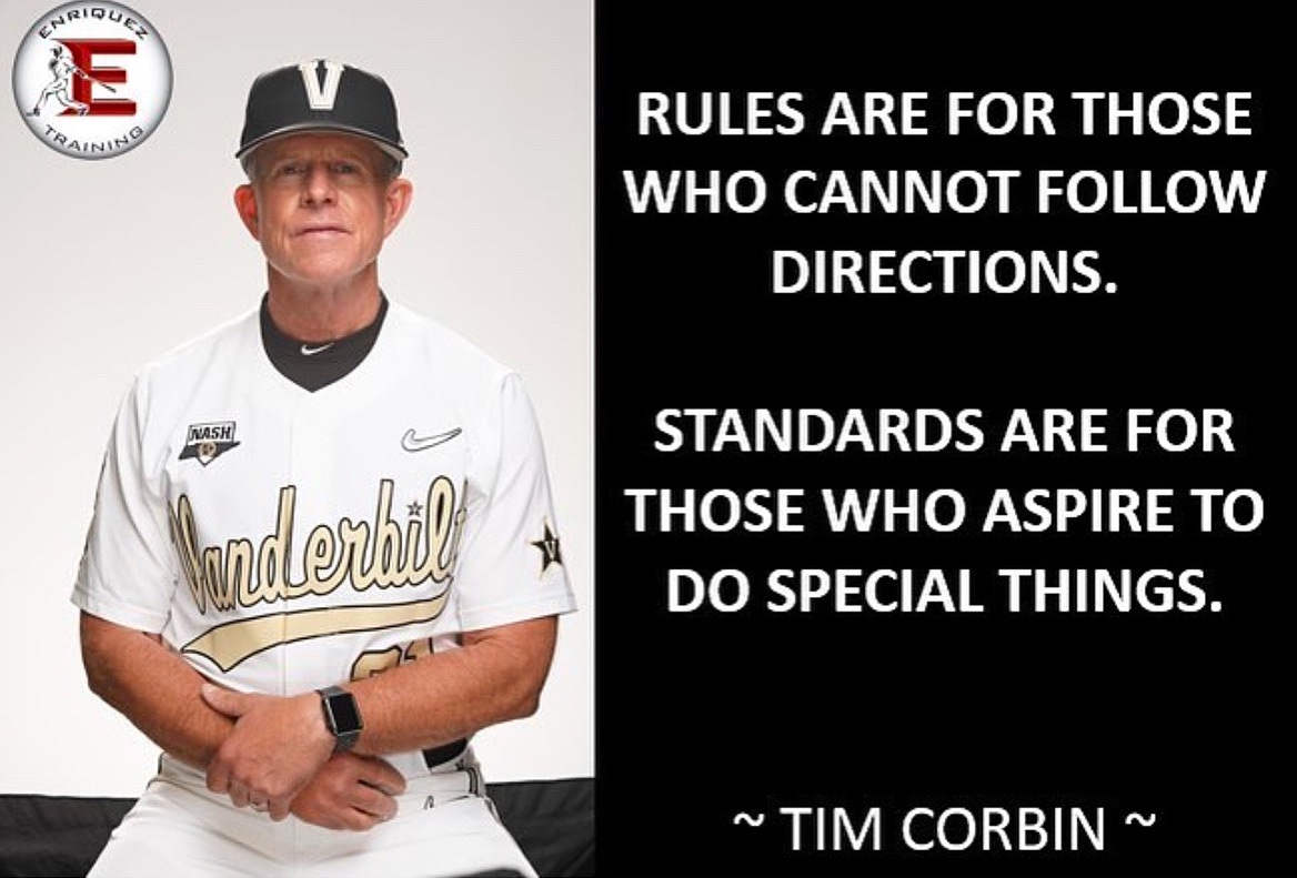 ⚾️ RAISE THE BAR ⚾️⁣⁣
⁣⁣⁣⁣
Tim Corbin of Vanderbilt runs one of the most consistent programs in the country. ⁣⁣
⁣⁣
To do that, he challenges his team to raise their level of expectation to be elite.  Minimal  rules but higher level of focus.