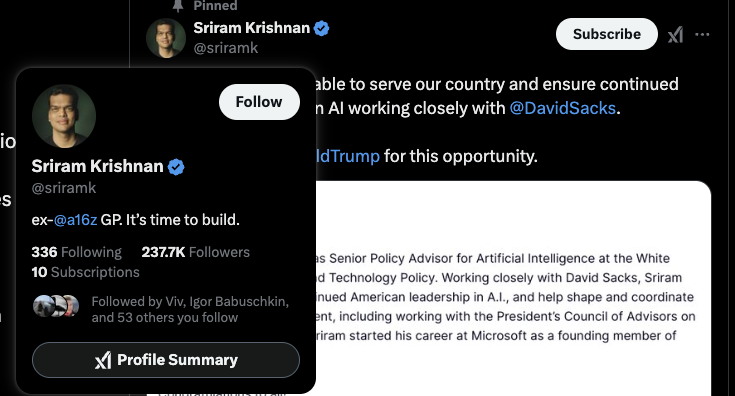 TheGregYang's tweet photo. the new grok profile summary feature is super helpful to get a quick overview of the new Trump nominees

you can easily see their views, what they have been doing recently, and what others say about them, with primary sources!

for example, I really appreciated grok pulling up @sriramk's 2022 post about sci-fi because it really humanizes him and give us a portrait of who are these people that will run our government

try it out yourself!

see below for web and iOS buttons (android is coming!)

e.g. here's what I got for @sriramk 
https://t.co/Qxrl6oBm71

congrats to all the new nominees @sriramk @skupor @emilmichael @aaron_reitz @KenHowery @DevinNunes @TilmanJFertitta @MarkBurnettTV @SteveMiran @CallyGingrich @katierosemiller @BoHines @MichaelKratsios et al!