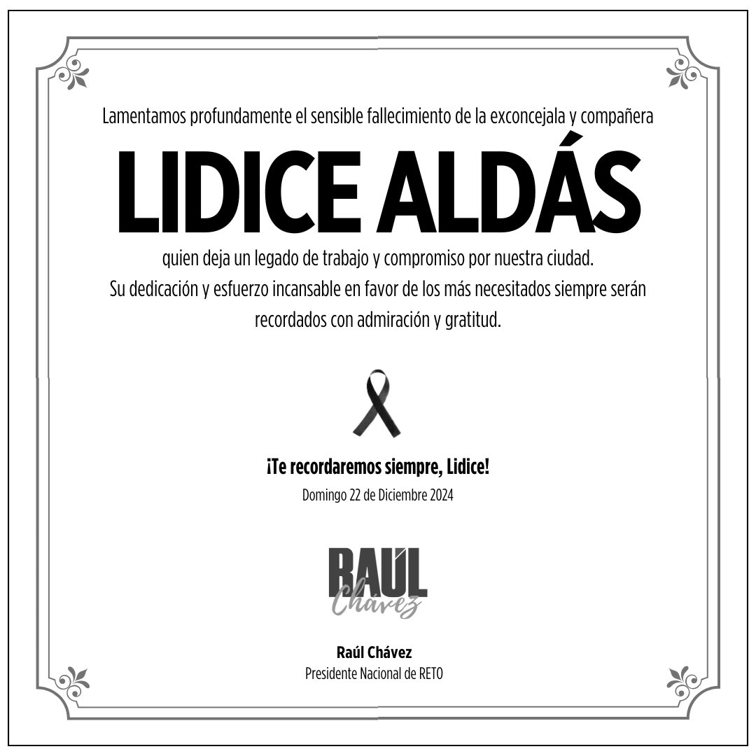 Nuestro profundo sentimiento de pesar por el lamentable fallecimiento de la ex concejal y compañera Lidice Aldás, quien deja un legado de trabajo y compromiso por nuestra ciudad. Expresamos nuestra enorme gratitud por su labor incansable en favor de los más necesitados. 

Te