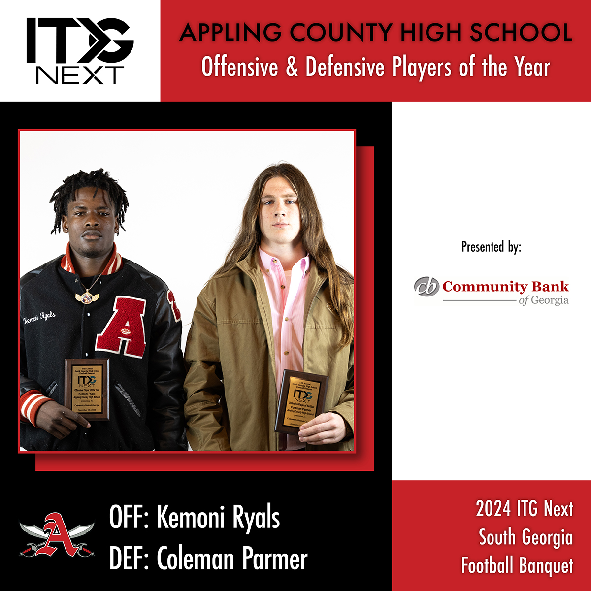 Congratulations to Kemoni Ryals &amp; Coleman Parmer from Appling County High School for being named the Pirates’ 2024 Offensive and Defensive Players of the Year at our 17th Annual ITG Next South Georgia High School Football Banquet! Presented by Community Bank of Georgia #sponsored