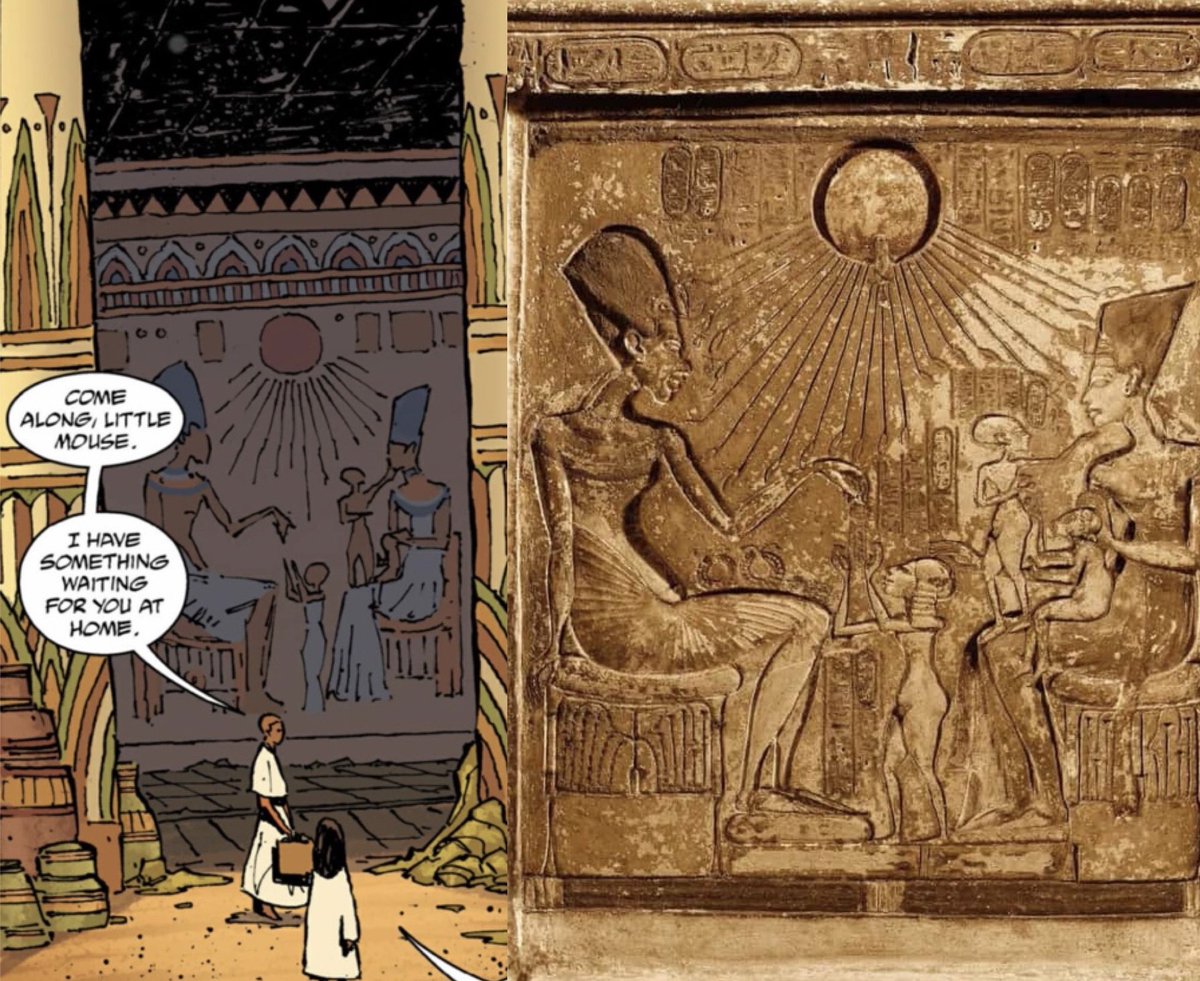 hellboybookclub's tweet photo. The Stela of Akhenaten and his family is referenced in this story. We discuss “Panya: The Mummy’s Curse,” on this week’s podcast! #hellboybookclub #podcast #hellboy #mikemignola #chrisroberson #christophermitten #michellemadsen #akhenaten https://t.co/0In9zoulGW