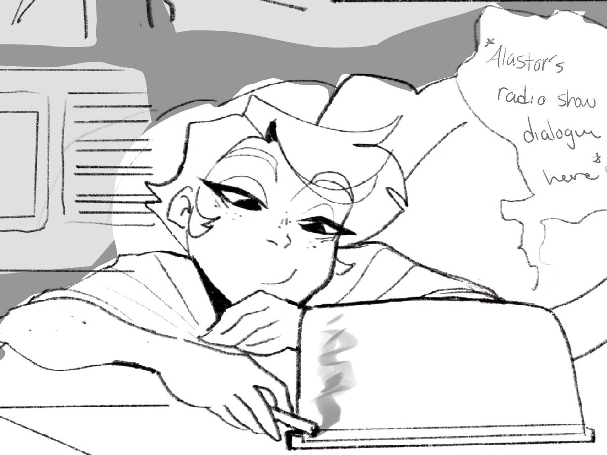 Random idea I had and sketched a bit for my Radiodust AU where Alastor shows Charlie some of him and Angels life together- for I dunno the drama ig he's a diva
#radiodust #CharlieMorningstar #hazbinhotel #angeldust