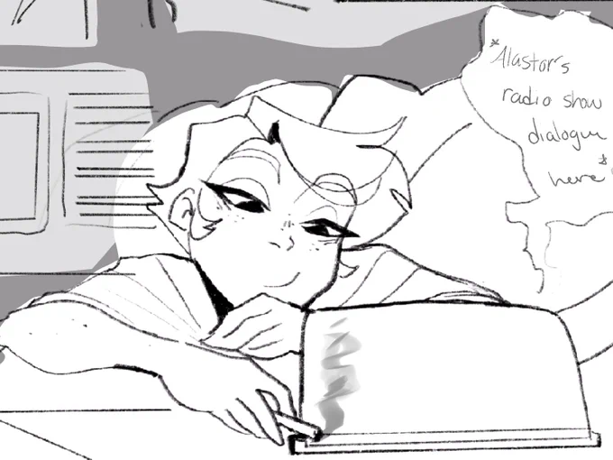 Random idea I had and sketched a bit for my Radiodust AU where Alastor shows Charlie some of him and Angels life together- for I dunno the drama ig he's a diva

#radiodust #CharlieMorningstar #hazbinhotel #angeldust 