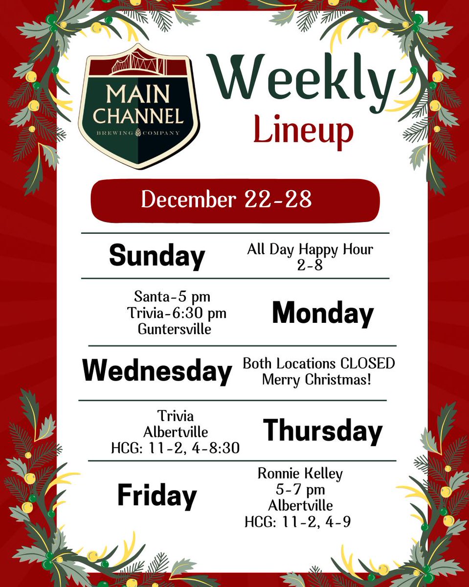🎄✨ Happy Christmas Week from Main Channel Brewing! 

We’ve got some exciting things in store to celebrate the season with you!

We can’t wait to celebrate the season with you. See you soon!  🍺