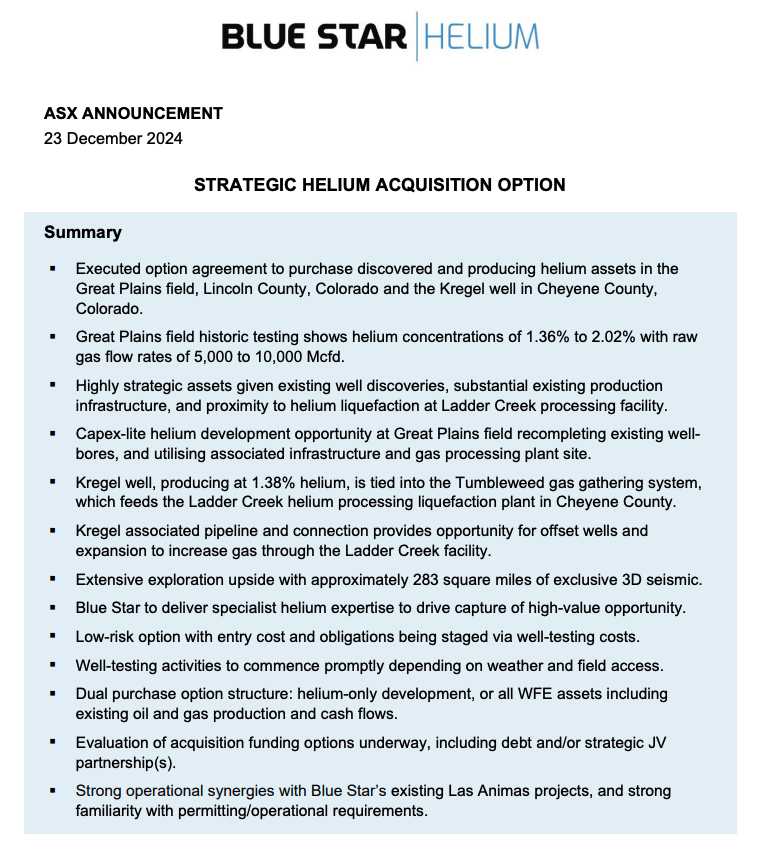 <a href="/HeliumBlue/">Blue Star Helium Limited</a> (#ASX: $BNL; #OTCQB: $BSNLF) has executed an option agreement to purchase discovered and producing #helium assets in Colorado. See more about this strategic and transformative opportunity 👉 tinyurl.com/4tzxj34a
#asxnews