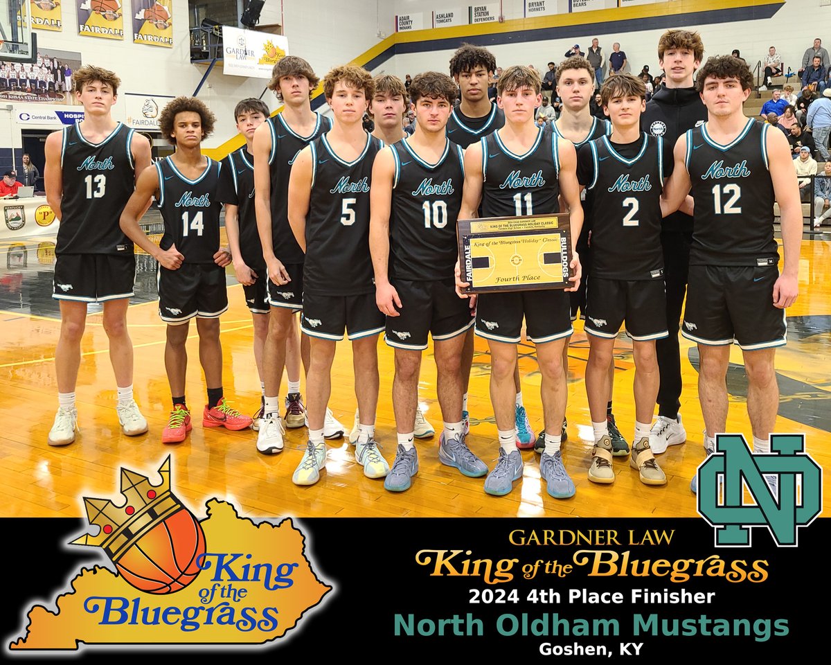 KingofBluegrass's tweet photo. Congratulations to the North Oldham Mustangs on finishing in 4th Place in the 2024 Gardner Law King of the Bluegrass!

North Oldham senior Brooks Cargould named to the 2024 King of the Bluegrass All-Tournament Team. https://t.co/IwodWURRYb