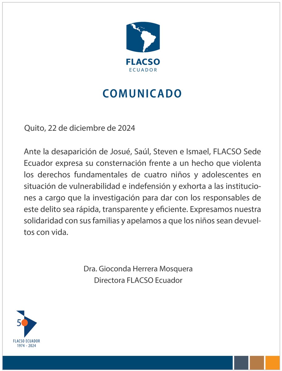 COMUNICADO OFICIAL
Ante la desaparición de Josué, Saúl, Steven e Ismael, <a href="/FLACSOec/">FLACSO Ecuador</a> expresa su solidaridad.