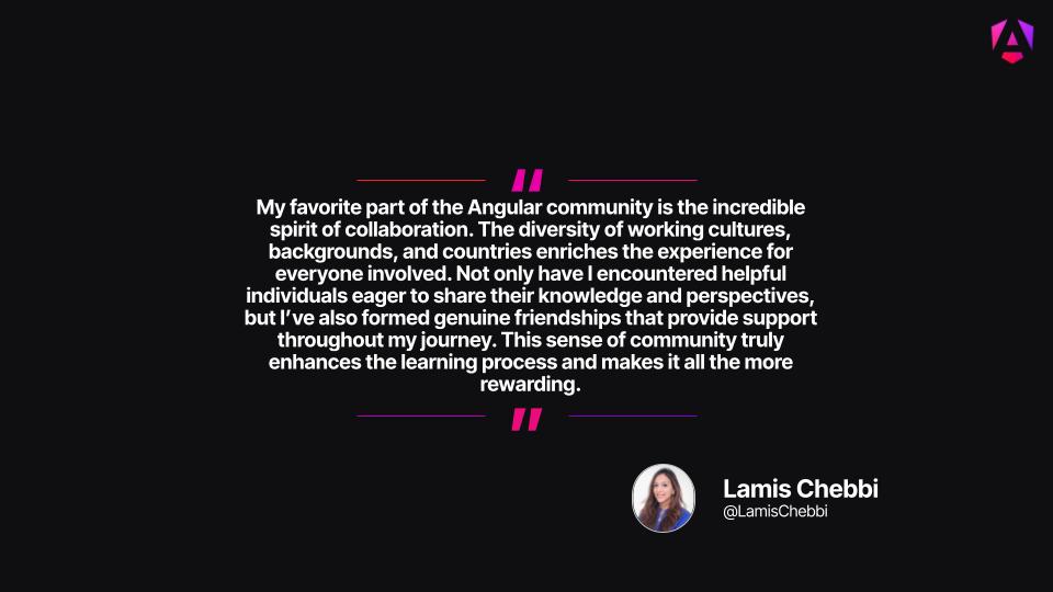 Angular (@angular) on Twitter photo Being a part of #AngularCommunity is a great adventure.
Look what being part of this journey means for one of our Angular GDEs <a href="/LamisChebbi/">lamis chebbi</a>. Be sure to ask her some questions in the comments.
#GoogleDeveloperExpert #AngularGDE Being a part of #AngularCommunity is a great adventure.
Look what being part of this journey means for one of our Angular GDEs <a href="/LamisChebbi/">lamis chebbi</a>. Be sure to ask her some questions in the comments.
#GoogleDeveloperExpert #AngularGDE