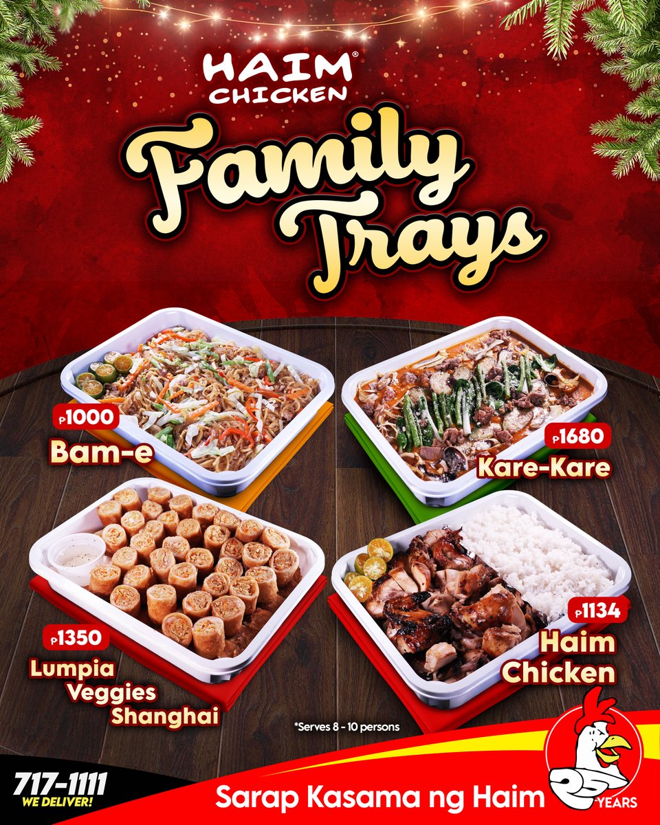 haimchicken's tweet photo. Enjoy hassle free celebration this holiday season. Make sure to order your favorite family tray in advance and #CelebratewithHaim

For Reservations and Deliveries:
Delivery Hotline: 717-1111 📷📷
Globe: 09178491994
Smart: 09199910750 https://t.co/VbGy8l1bdT