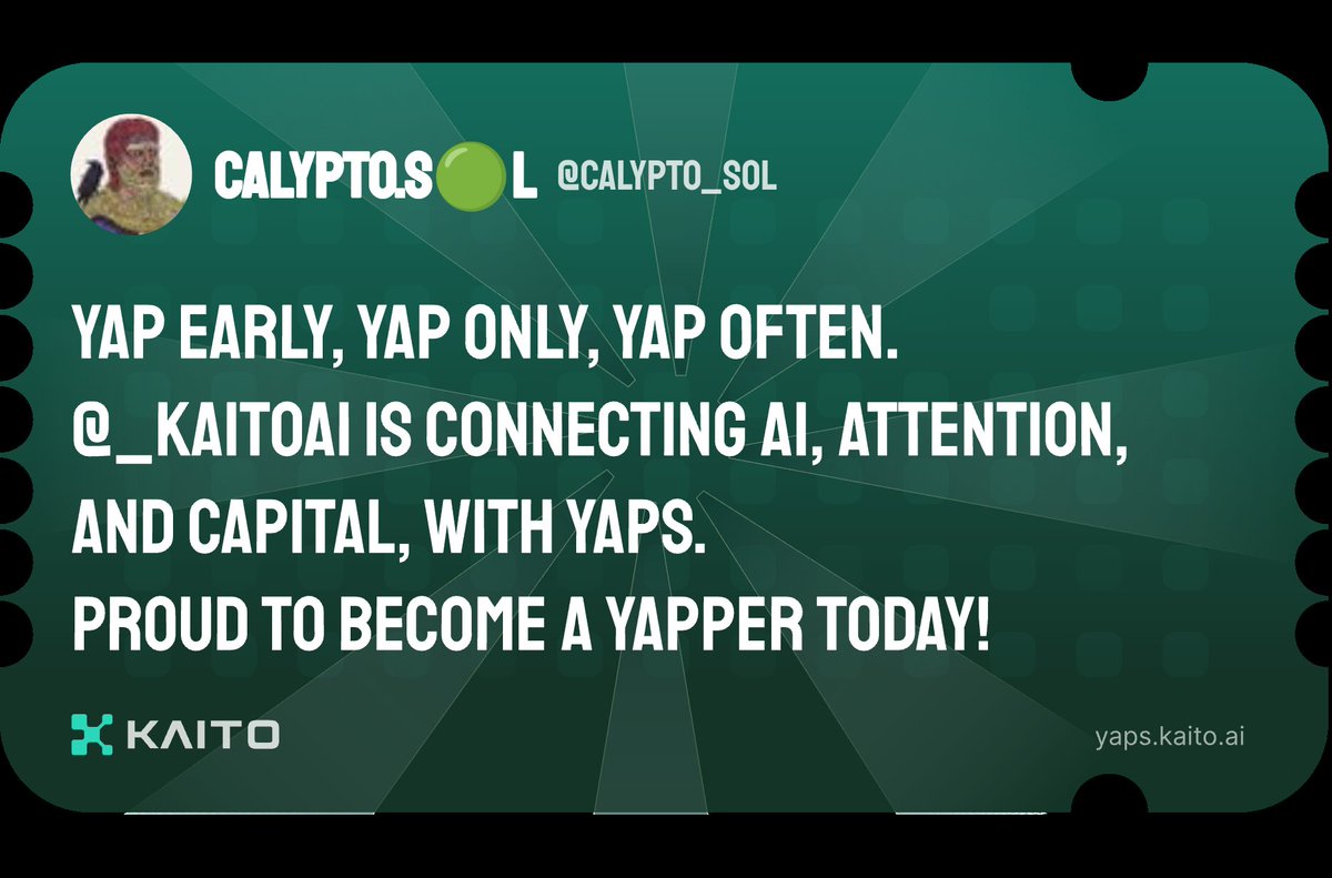 Yap early, yap only, yap often.

@_kaitoai is connecting AI, attention and capital with Yaps.

Just claimed my social card and I'm accumulating Yap points in real-time.

Claim yours 👉 yaps.kaito.ai/referral/14901…