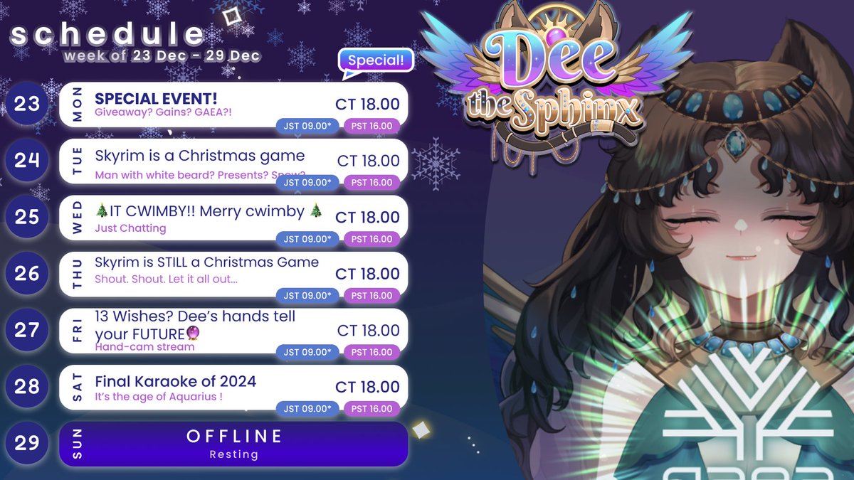 DeetheSphinx's tweet photo. 🎄❄️BIG HOLIDAY WEEK❄️🎄
Dee's LAST STREAMING WEEK OF THE YEAR!

❄️ Monday BIG Event: Giveaway, Holiday Karaoke, &amp;
THE VTUBER CHOIR 
❄️ Giveaways all week
❄️ Come make a wish on Friday

Catch all the fun this week on Twitch!
https://t.co/m44ZVIDAWJ

#Live2Dee #Vtuber https://t.co/ETFiClpLIY