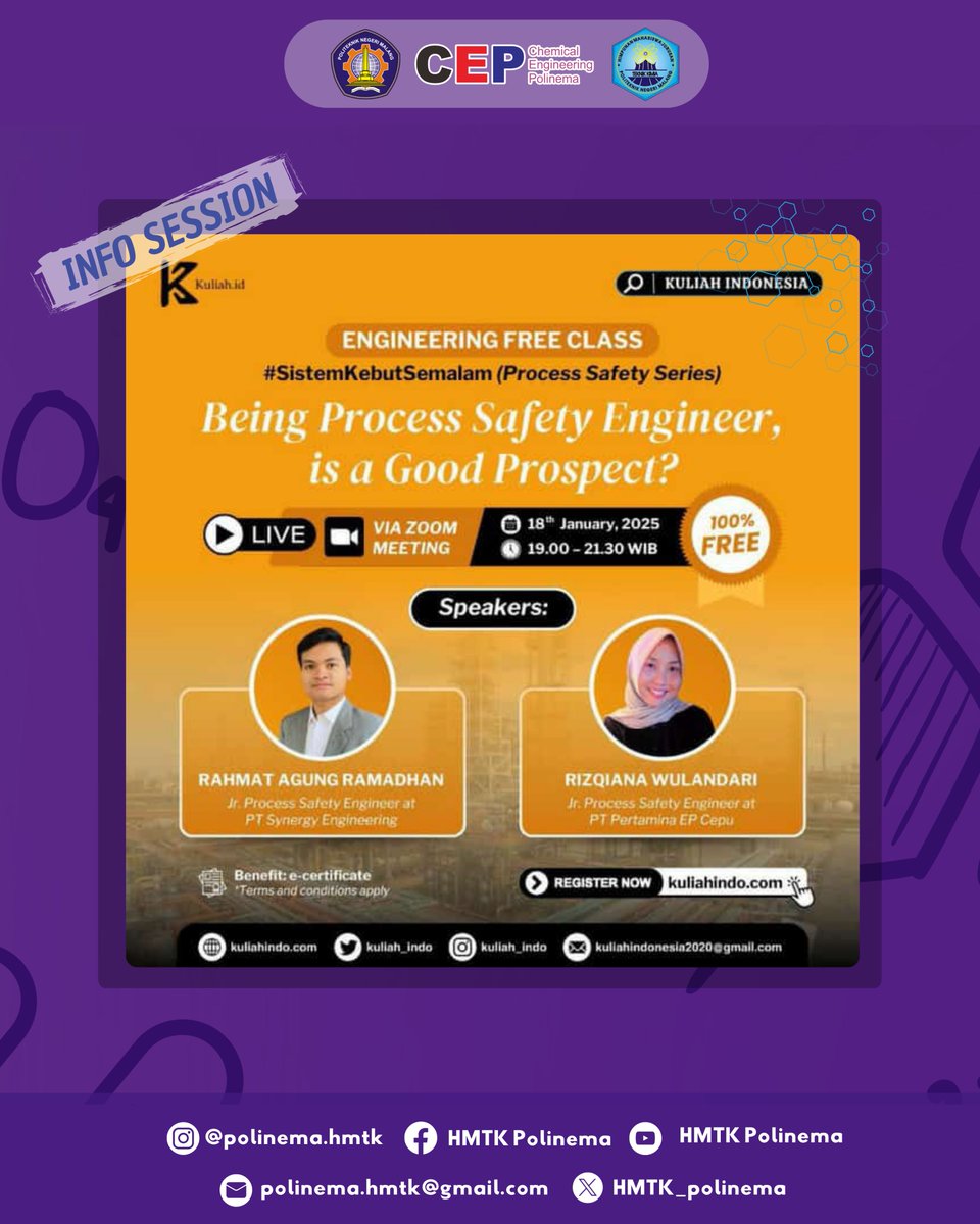 #SistemKebutSemalam Process Safety Engineering Series 🔥

Road to Training utama tentang Process Safety Engineerng di bulan Februari mendatang, kita pemanasan dulu yuk cerita-cerita asik bareng soal Process Safety.

✍ Pendaftaran: langsung ke website kuliahindo.com ya