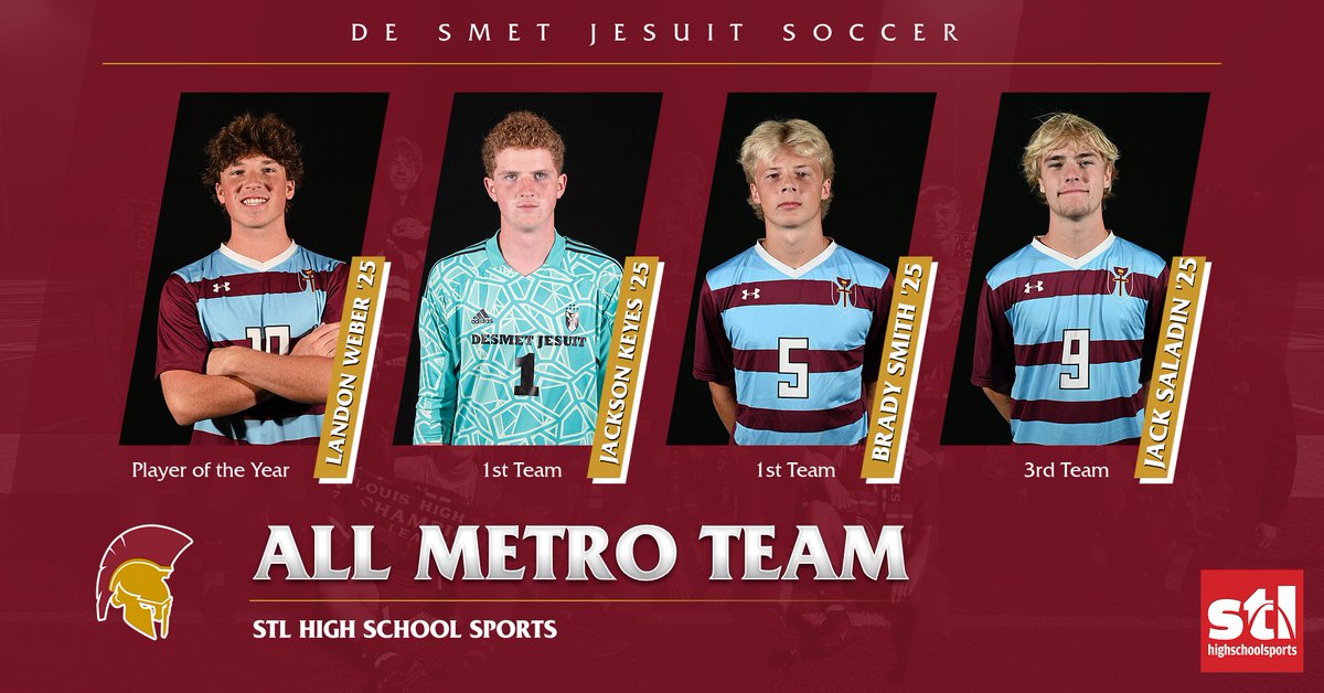 DeSmetJesuitHS's tweet image. Congratulations to our @DeSmetSoccer #Spartans named to the @STLhssports #AllMetro Teams

Landon Weber - Player of the Year
Jackson Keyes - 1st Team
Brady Smith - 1st Team
Jack Saladin - 3rd Team

#ALLIN #AMDG

stltoday.com/sports/high-sc…
