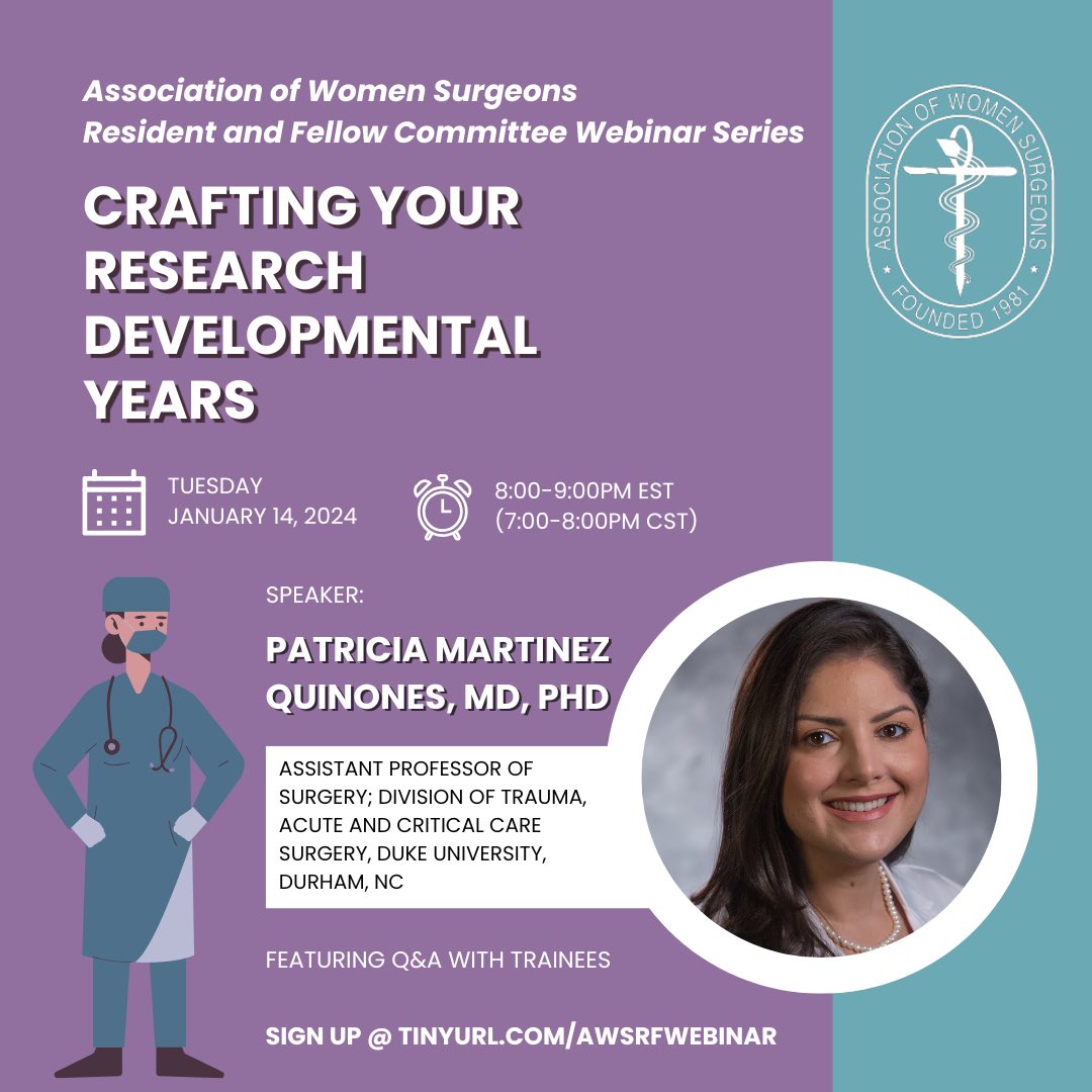 Camila Guetter, MD MPH (@camila_guetter) on Twitter photo For our next <a href="/WomenSurgeons/">WomenSurgeons</a> Resident and Fellow Webinar Series we’ll be discussing how to plan and craft your research years in residency with <a href="/PMartinezMD/">Patricia Martinez Quiñones, MD PhD</a>!
📆 Mark down in your calendars!
🔗 Sign up at tinyurl.com/awsrfwebinar For our next <a href="/WomenSurgeons/">WomenSurgeons</a> Resident and Fellow Webinar Series we’ll be discussing how to plan and craft your research years in residency with <a href="/PMartinezMD/">Patricia Martinez Quiñones, MD PhD</a>!
📆 Mark down in your calendars!
🔗 Sign up at tinyurl.com/awsrfwebinar